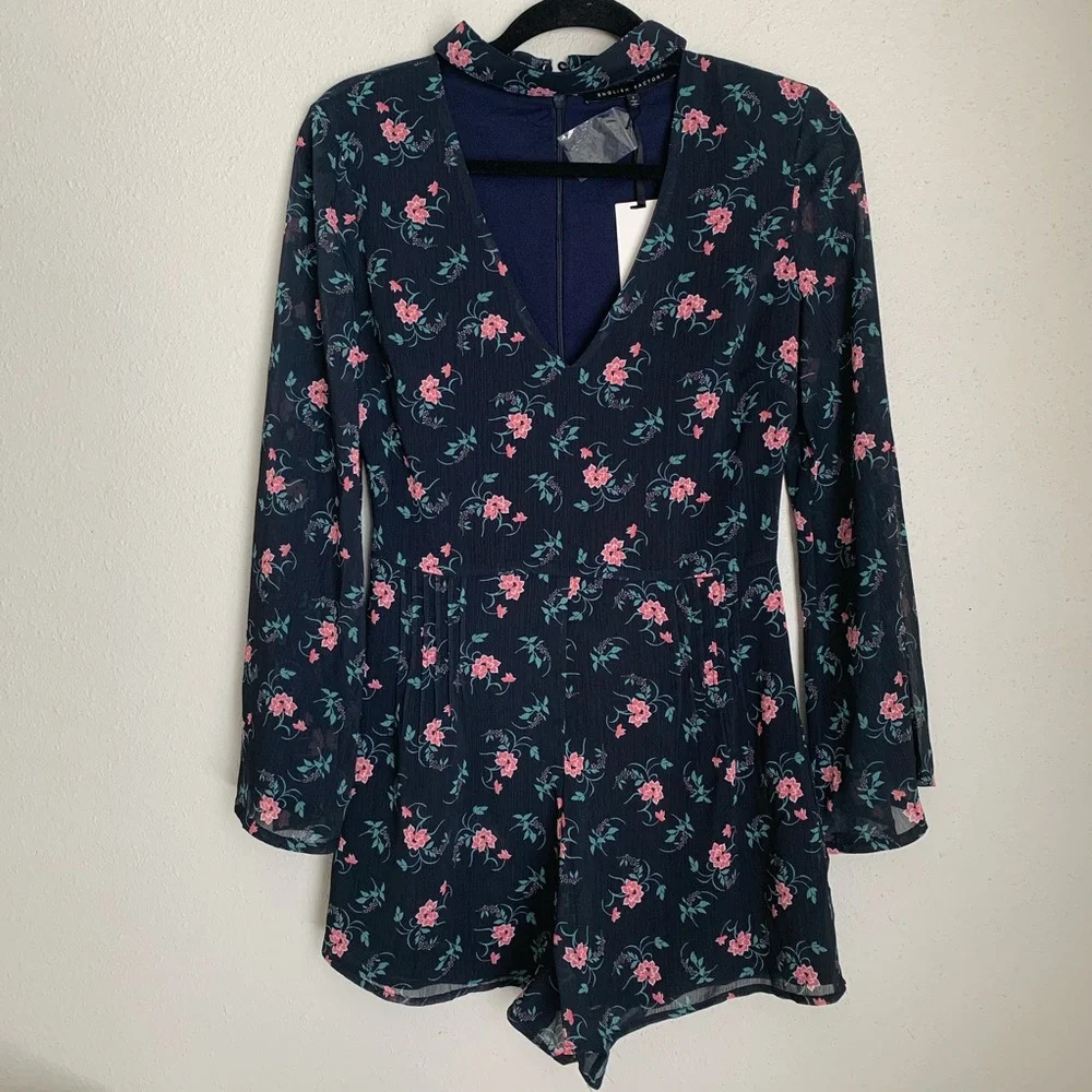English Factory Romper size small navy floral long sleeve romper